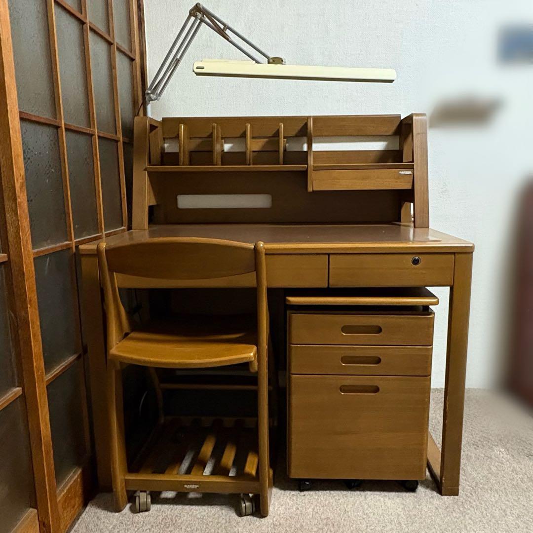 【ヒカリサンデスク(光製作所)】木製学習机+デスクワゴン+キャスター付きチェア