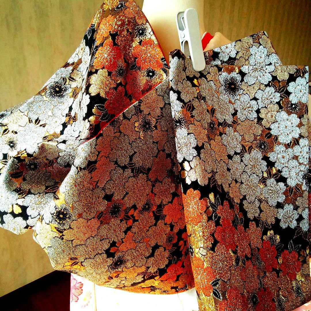 5157 振袖帯2点セット　正絹 白 オレンジ　成人式結婚式卒業式