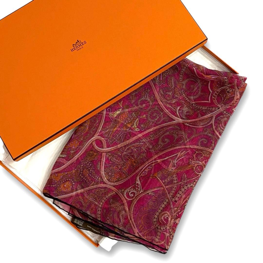 箱付/美品★エルメス シルクモスリン シアー 動物の楽園 ストール シルク100