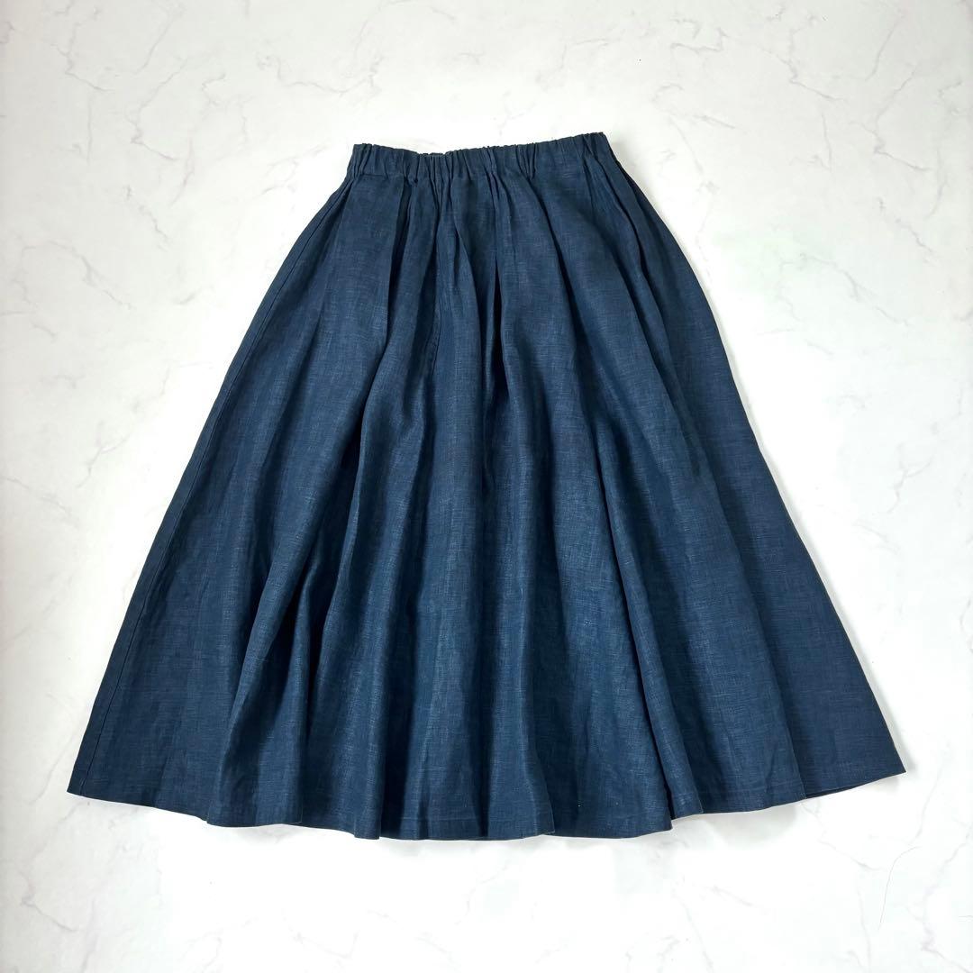 【極美品】ババグーリ リネン タック ロング フレアスカート ネイビー