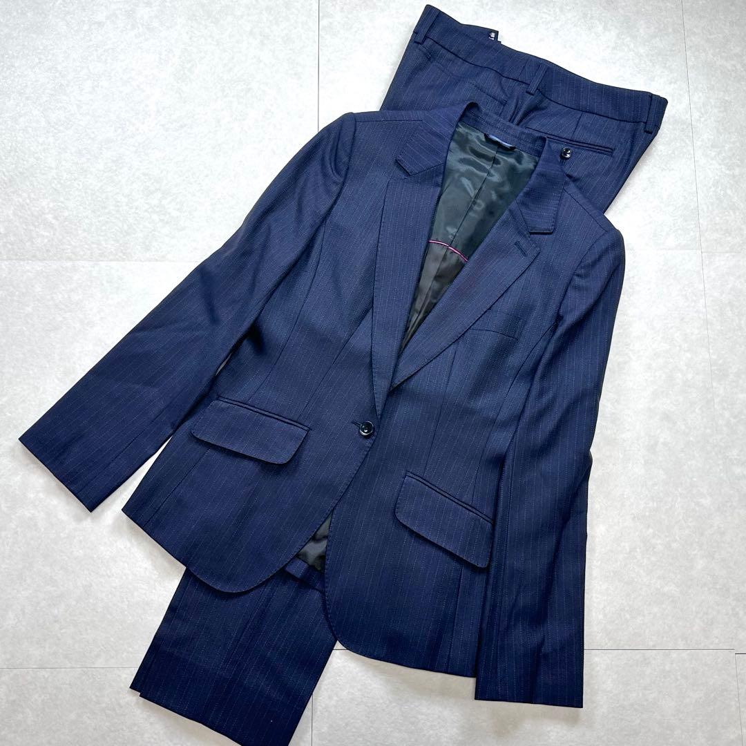 美品 HILTON super110's ストライプスーツ 13.15号 紺