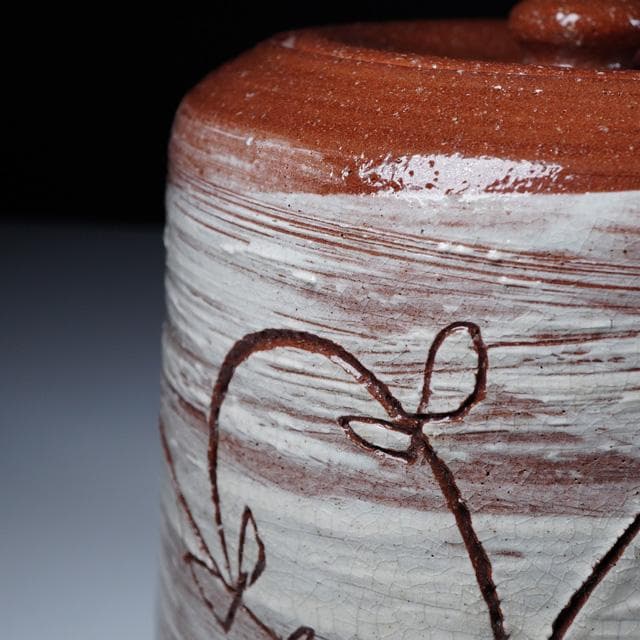 大樋年朗　刷毛目草花水指　堀内宗完御書付　塗蓋朱書き花押　共箱　茶道具