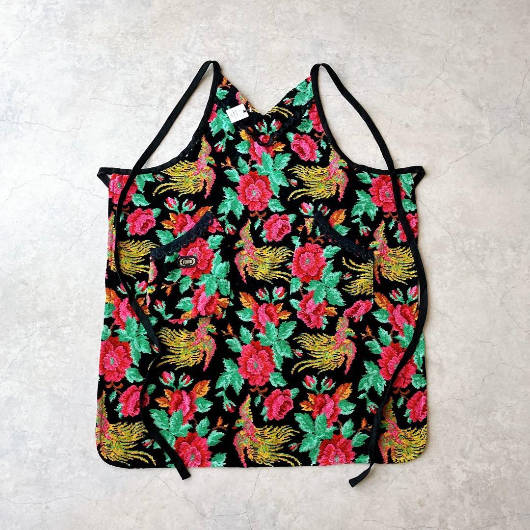 未使用美品＊ FEILER フェイラー エプロン 花 鳥 ドイツ製生地 黒