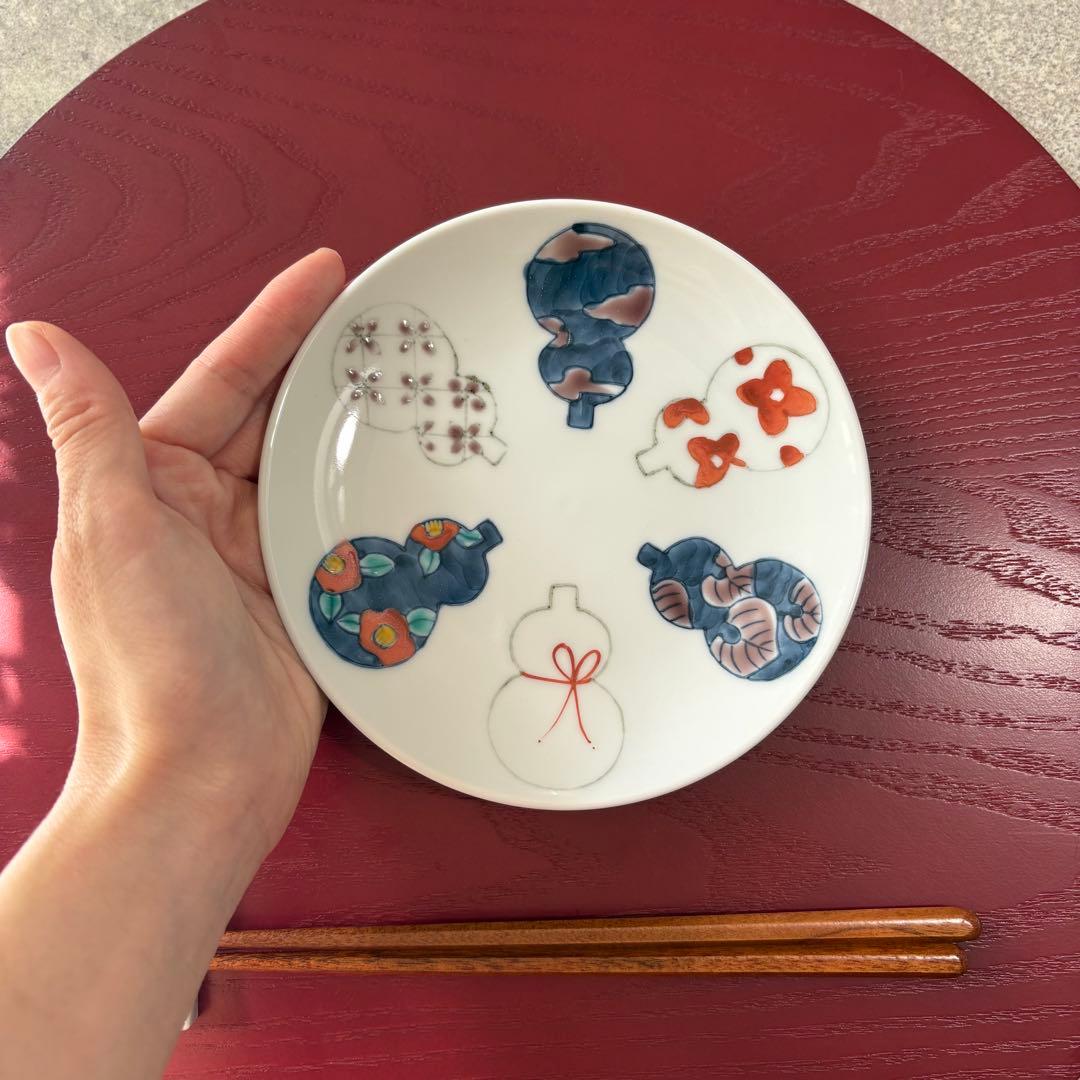 六瓢箪皿　５枚　有田焼　徳七窯　ひょうたん　丸皿　取り皿　銘々皿　和食器　手描き