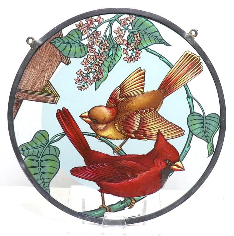 大型 赤と黄の二羽のショウジョウコウカンチョウ ヴィンテージ ステンドグラス 鳥