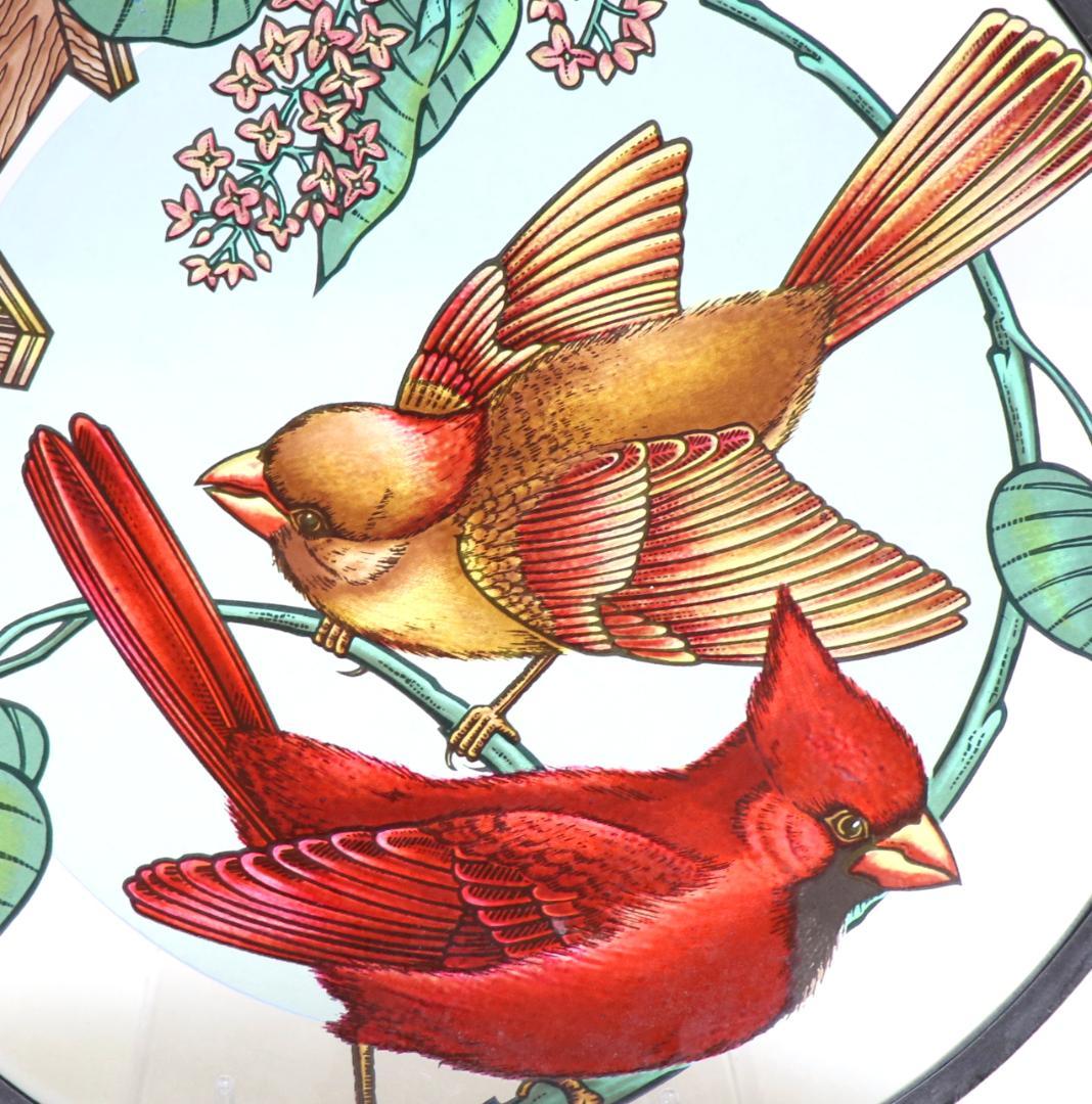 大型 赤と黄の二羽のショウジョウコウカンチョウ ヴィンテージ ステンドグラス 鳥