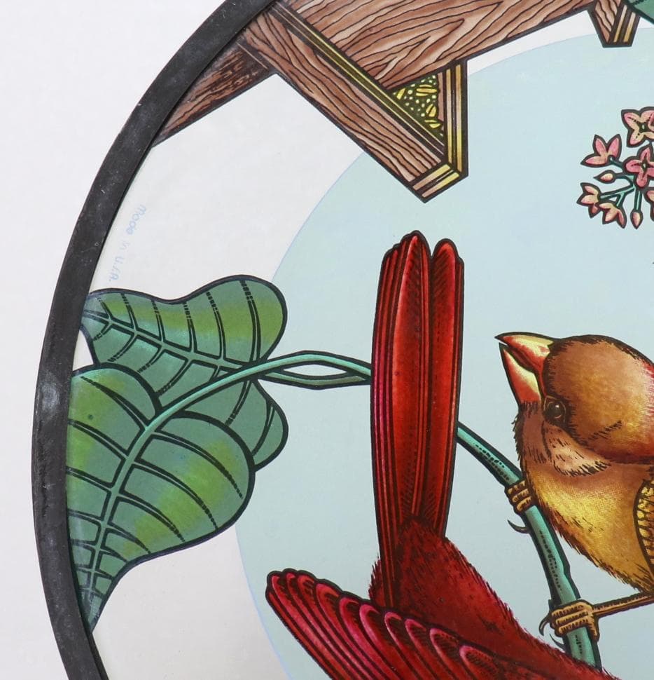 大型 赤と黄の二羽のショウジョウコウカンチョウ ヴィンテージ ステンドグラス 鳥