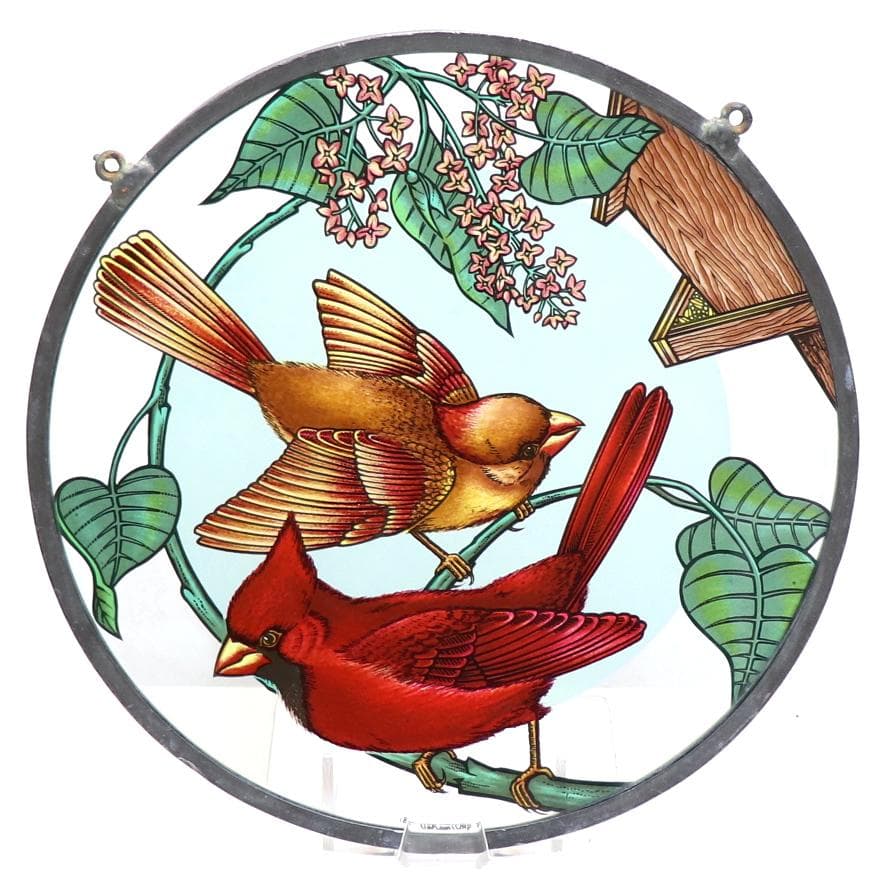 大型 赤と黄の二羽のショウジョウコウカンチョウ ヴィンテージ ステンドグラス 鳥
