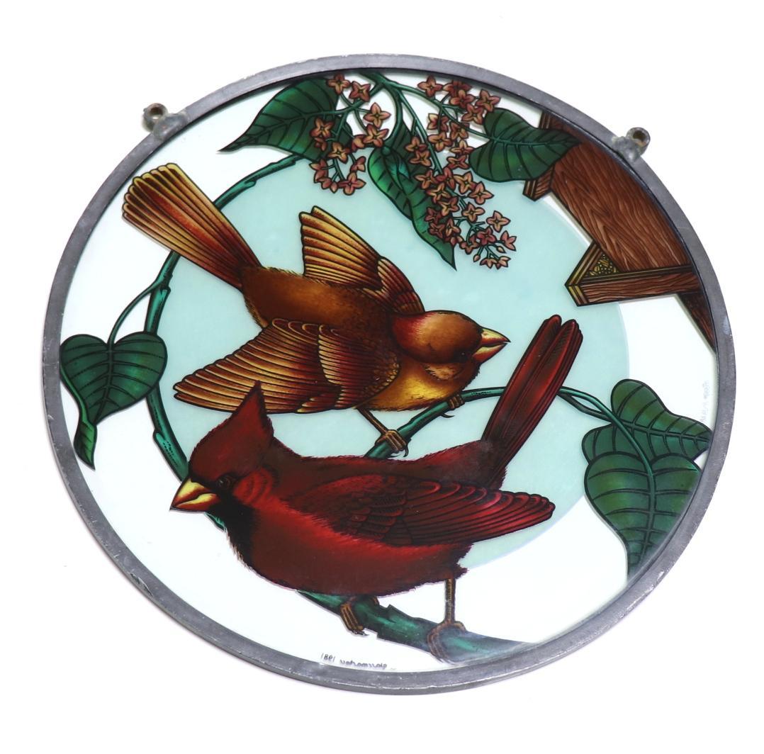 大型 赤と黄の二羽のショウジョウコウカンチョウ ヴィンテージ ステンドグラス 鳥