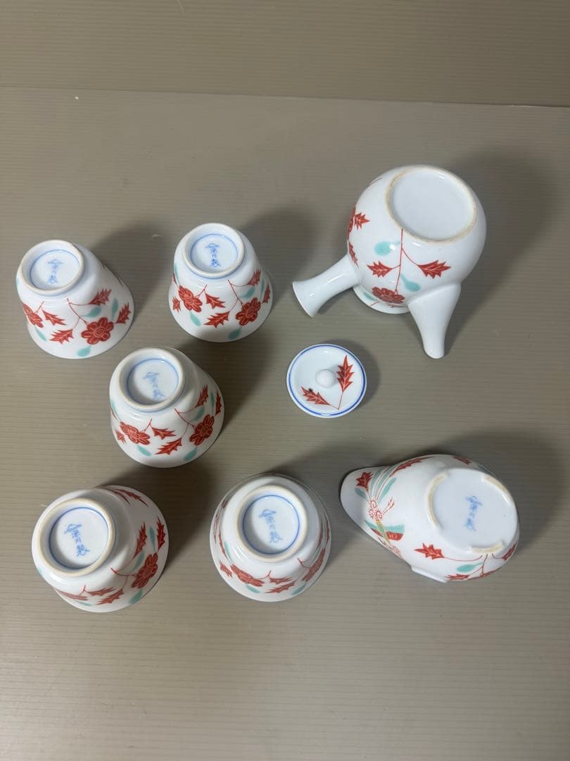 2171 深川製磁　赤絵花草　茶器セット　急須1客　湯冷し1客　湯呑5客