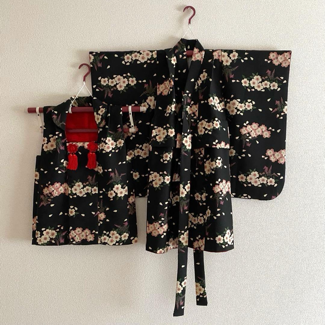 撫松庵　七五三　3歳女児　被布　三つ身着物10点セット　桜　折り鶴　黒地　753
