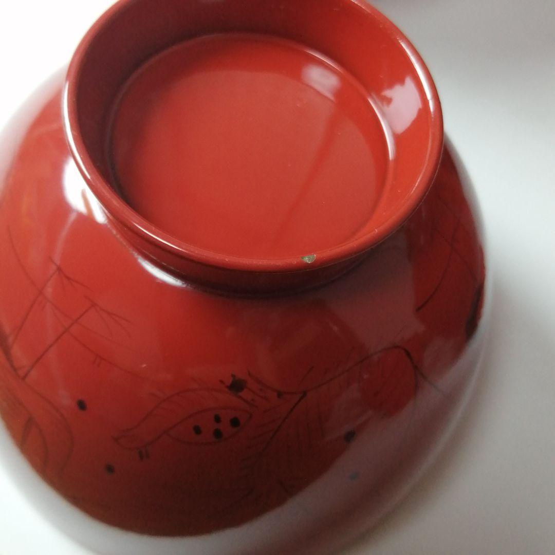 塗師　長遊斎　鶴漆絵　沈朱小吸物椀　拾客　　朱塗　鶴絵　木製　懐石　会席　茶道具