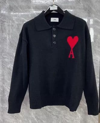 AMI PARIS ブラック ハート刺繍 ポロニット L