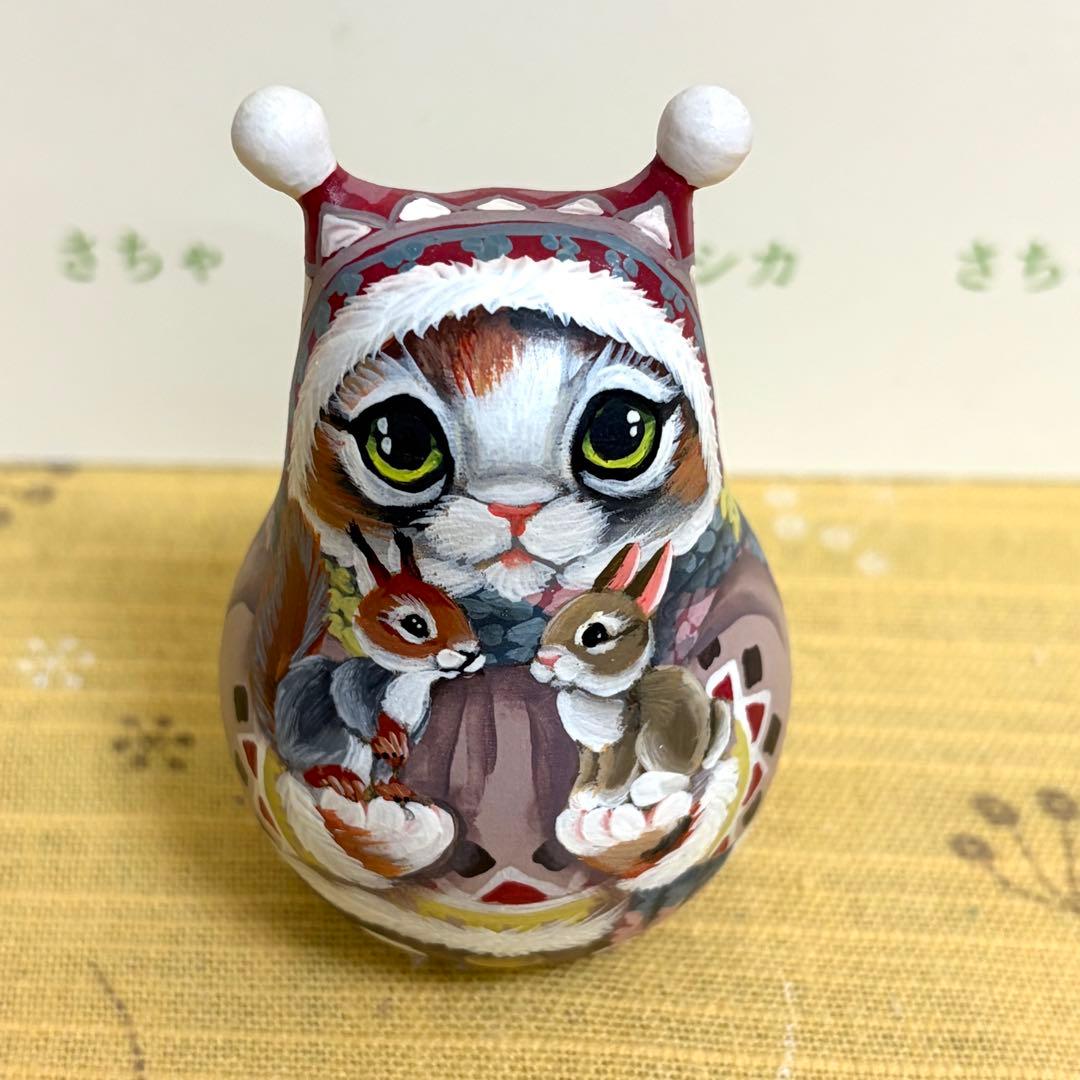 猫　マトリョーシカ　おきあがりこぼし　ロシア雑貨　手描き