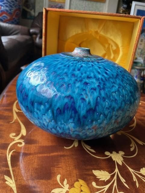 青色陶器花瓶 釉薬仕上げ 専用箱付き