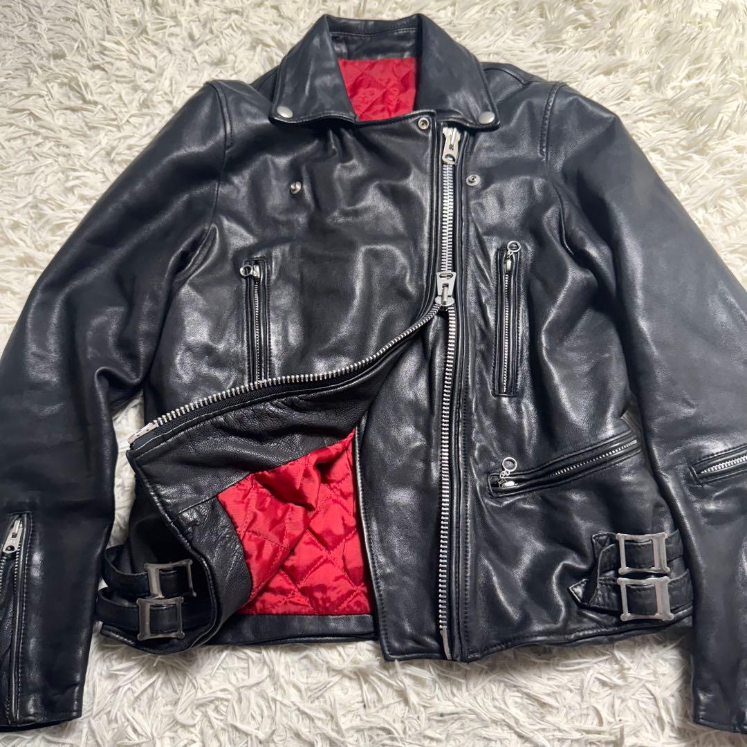 羊革 ダブルライダース 黒×赤 キルティング　y2k ロックテイスト　レディース