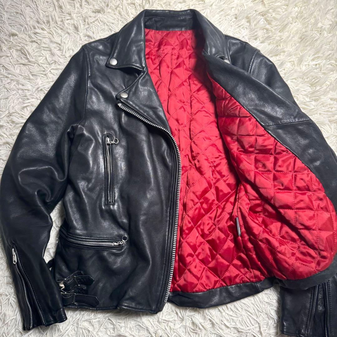 羊革 ダブルライダース 黒×赤 キルティング　y2k ロックテイスト　レディース