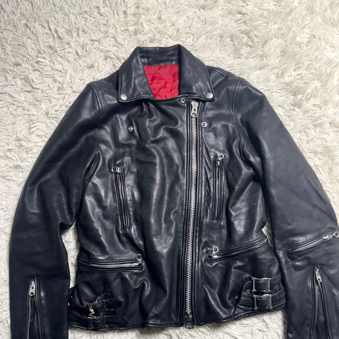 羊革 ダブルライダース 黒×赤 キルティング　y2k ロックテイスト　レディース