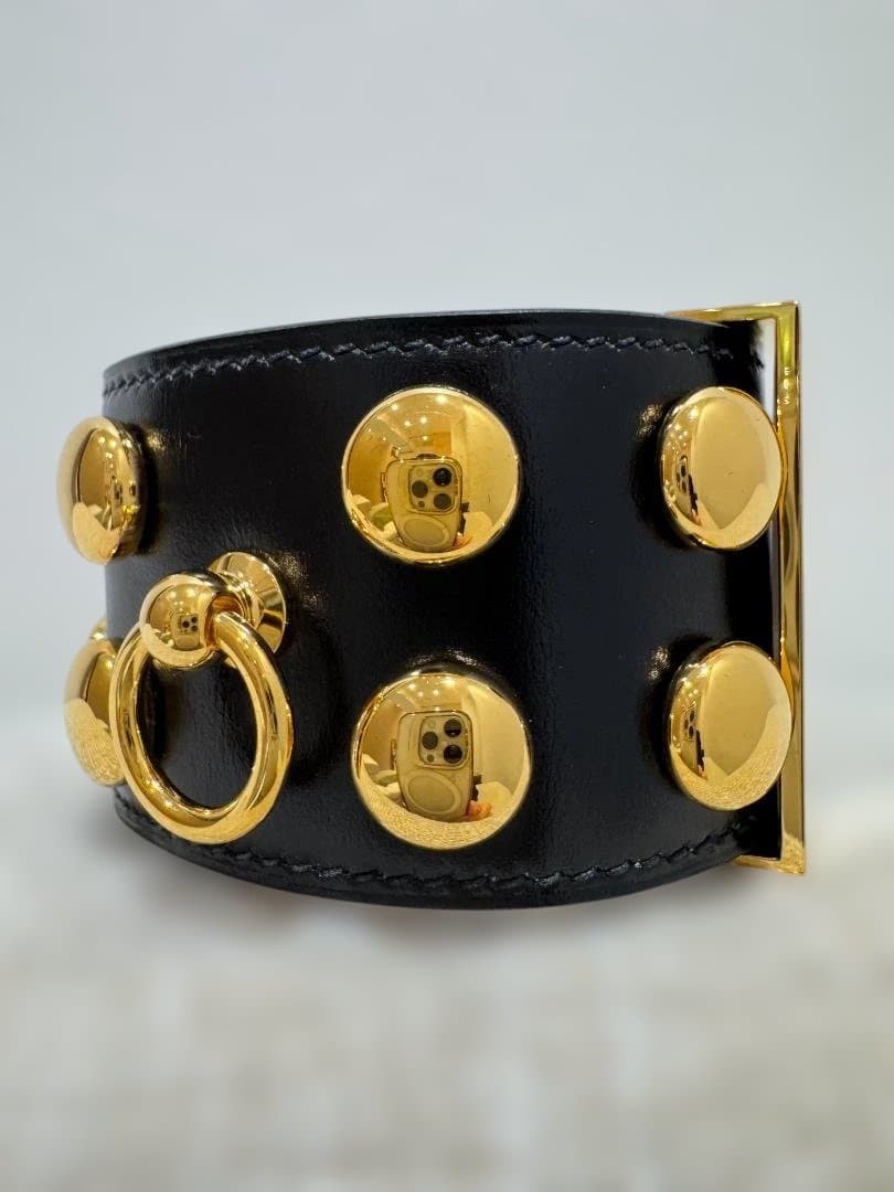 希少・丸鋲 エルメス コリエドシアン ブレスレット D 19年 黒 ボールド金具