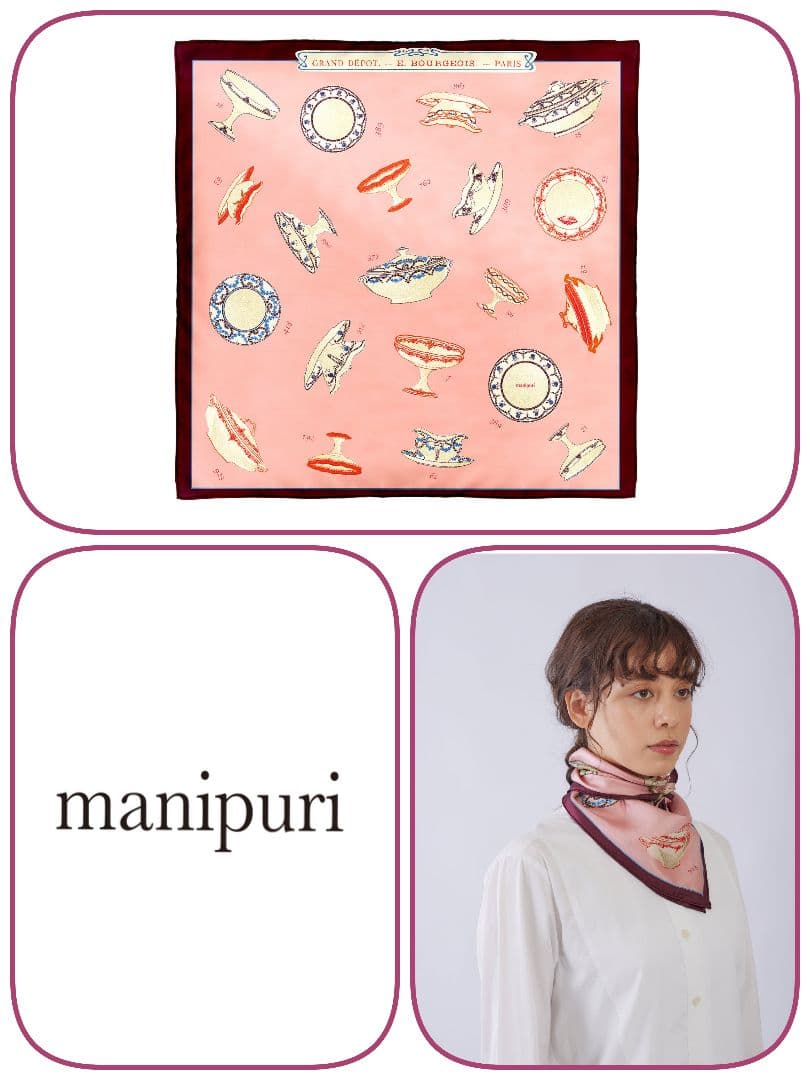 manipuri スカーフ シルク100% 日本製 マニプリ　食器モチーフ
