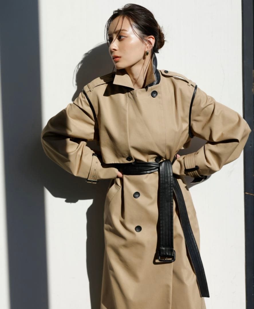 anuans ヴィーガンレザートリム2WAYトレンチコート