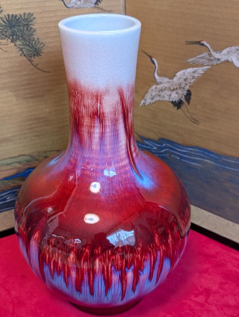 景徳鎮　窯変紅釉天球瓶　倣均窯　花瓶　箱入