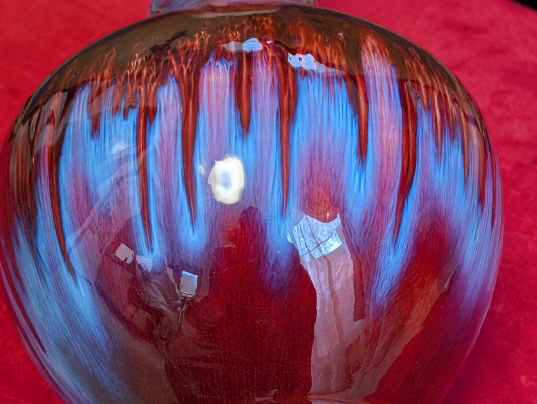 景徳鎮　窯変紅釉天球瓶　倣均窯　花瓶　箱入