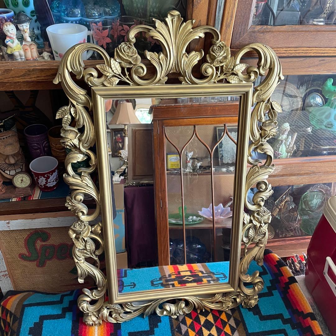 BIG60s～70s 豪華アメリカアンティーク薔薇デザインゴールドカラー鏡ミラー