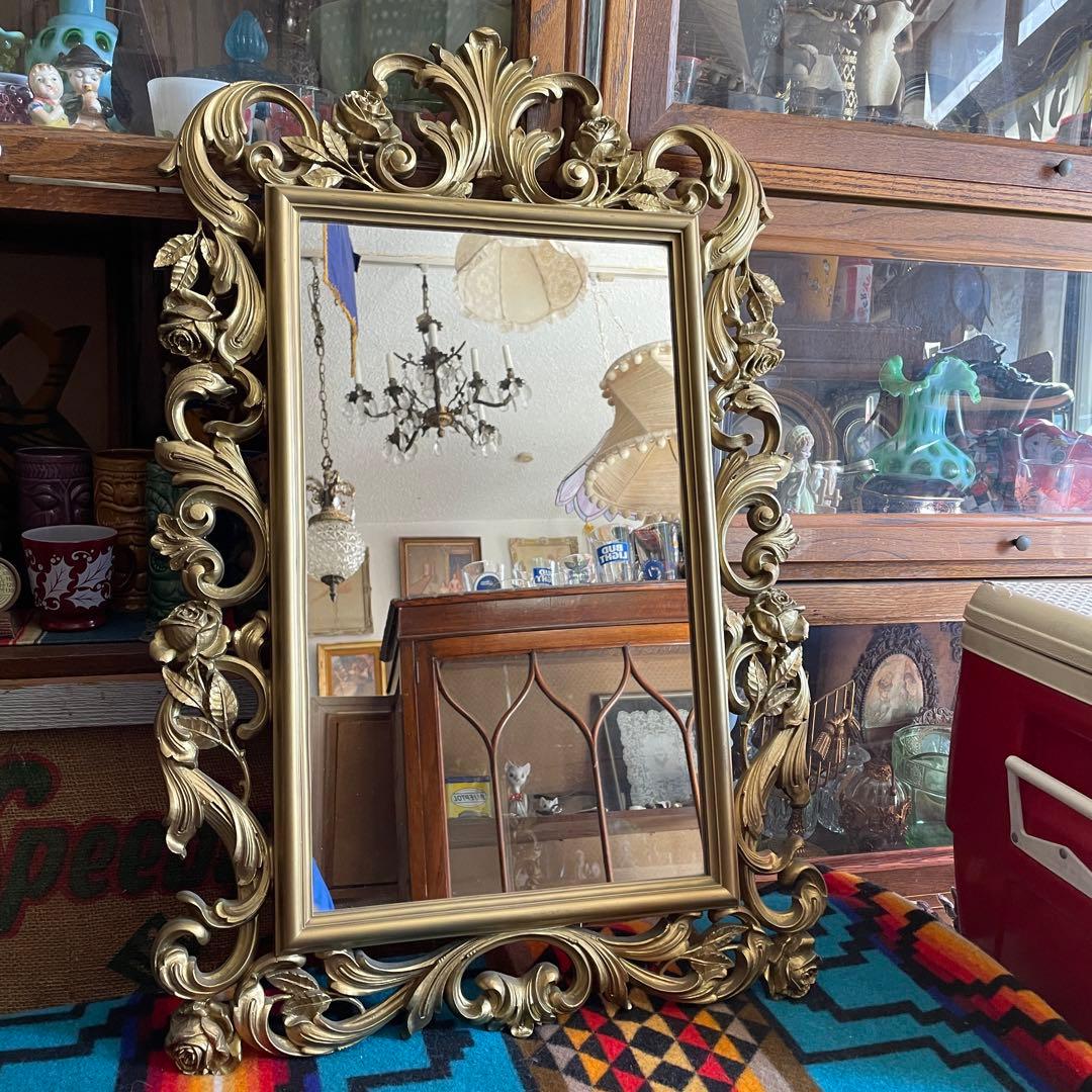 BIG60s～70s 豪華アメリカアンティーク薔薇デザインゴールドカラー鏡ミラー