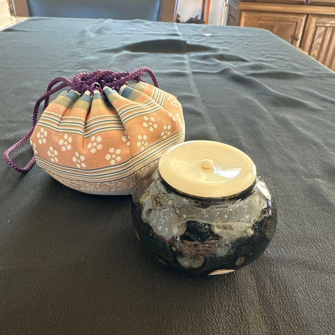 【新品、未使用品】大海茶入　仕覆付　茶道具　黒色と灰色のグラデーション