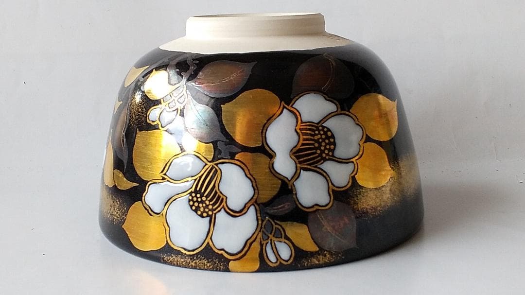 押小路窯 庄左ェ門 作 色絵 「 椿 」茶碗 押小路焼 共箱 栞 抹茶碗 新品