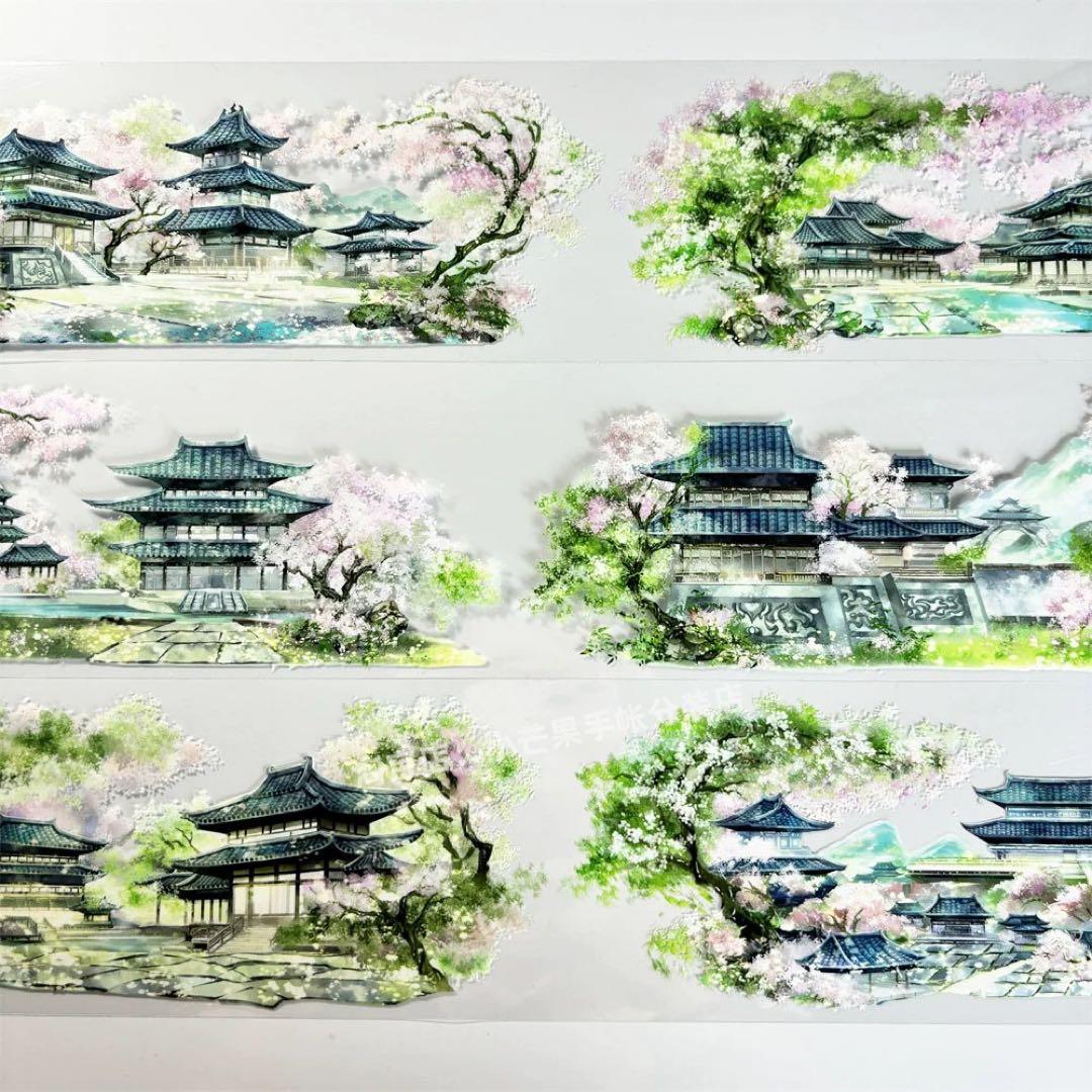 【9507】海外　5m巻　PETマスキングテープ　春景色　塔　装飾背景系