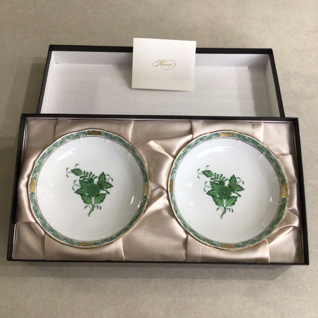 新品未使用 ヘレンド　Herend アポニーグリーン　ペア　フルーツボウル