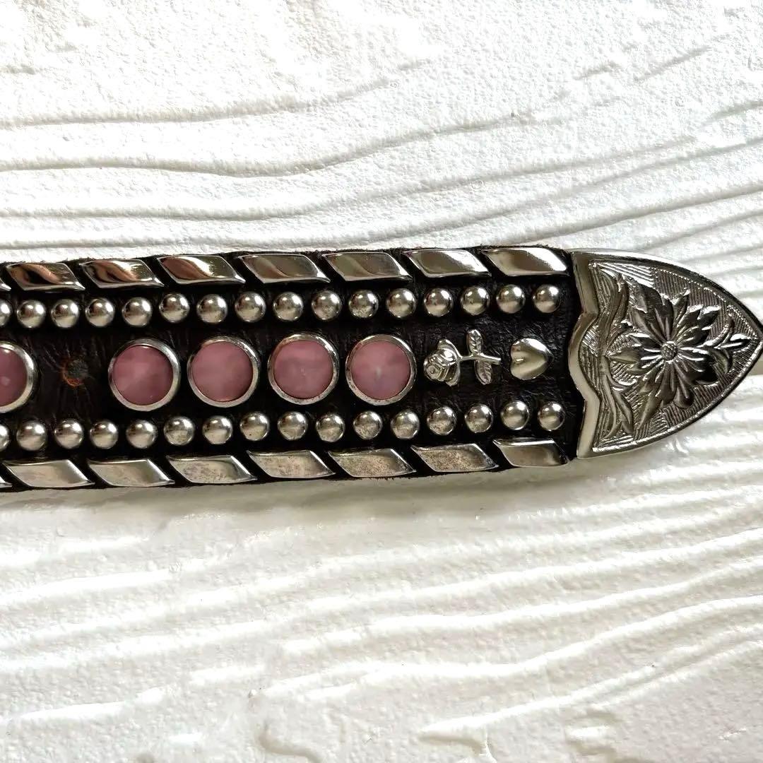 高級✨Kippys スワロフスキー スタッズ 装飾 ブラウンレザーベルト ピンク