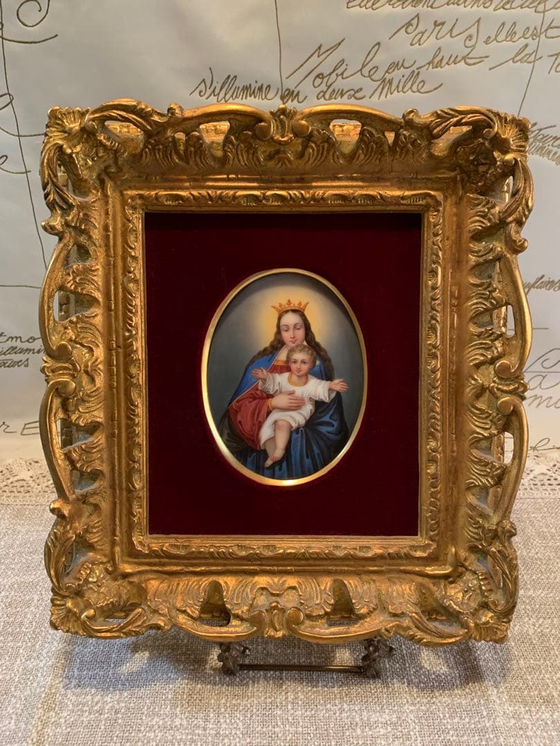 ドイツ製　破格！アンティーク聖母子の陶板額装品！色が綺麗でマリア様が優しい！