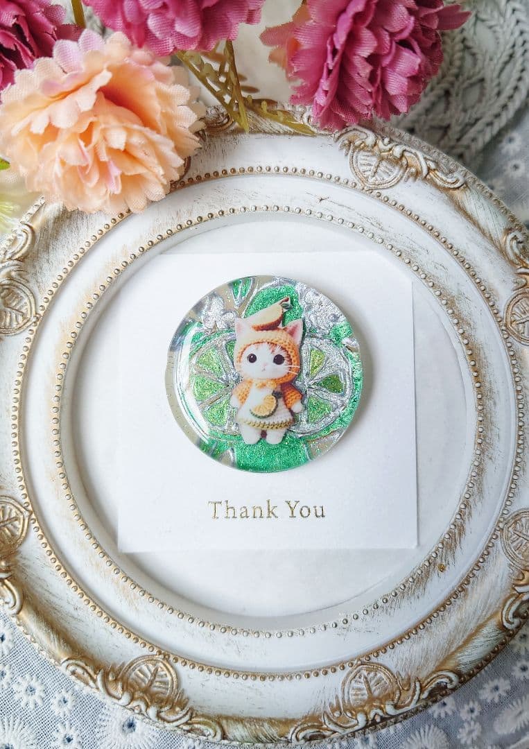 レジン　猫　 手書き　ヘアゴム　ブローチ　ポニーフック　No.236