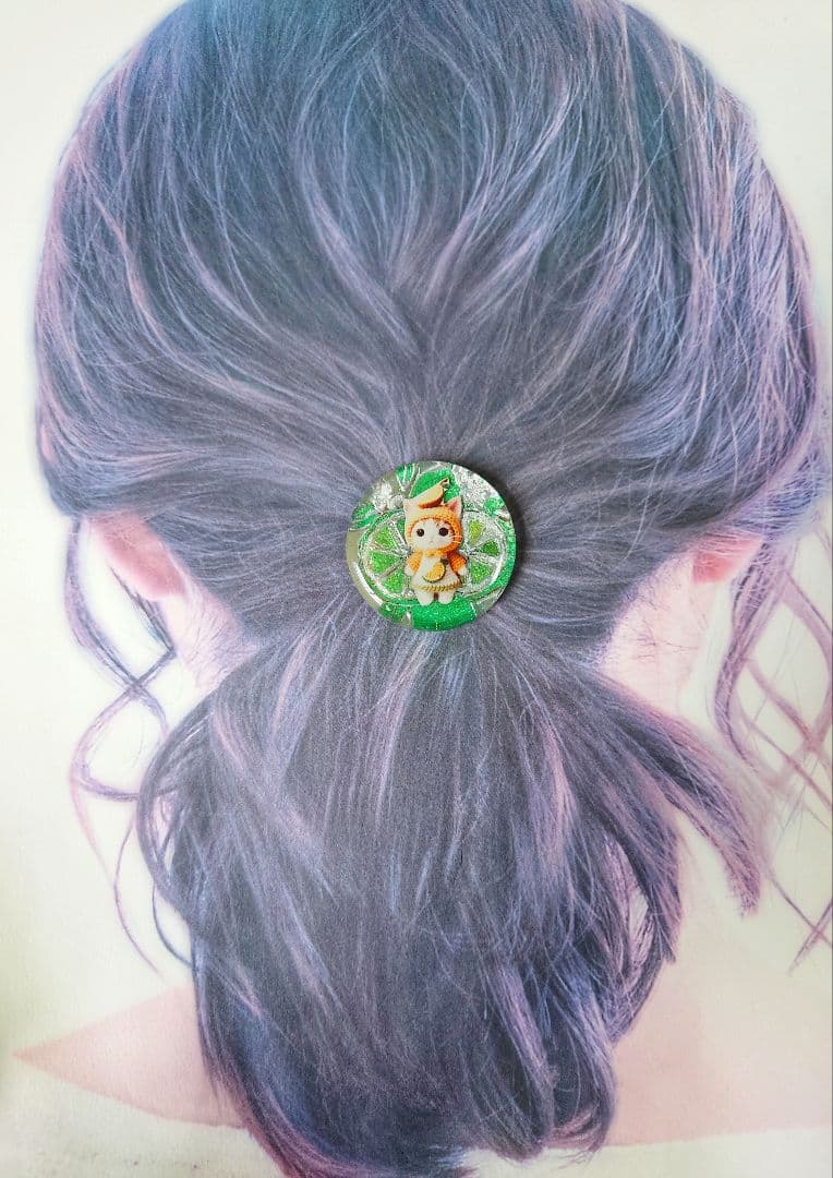 レジン　猫　 手書き　ヘアゴム　ブローチ　ポニーフック　No.236