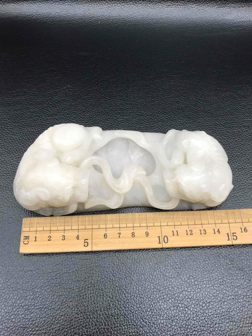 清時代　和田白玉 双神獣獅子彫水洗　白和田玉彫り　水指　水差し　文房(F-29)