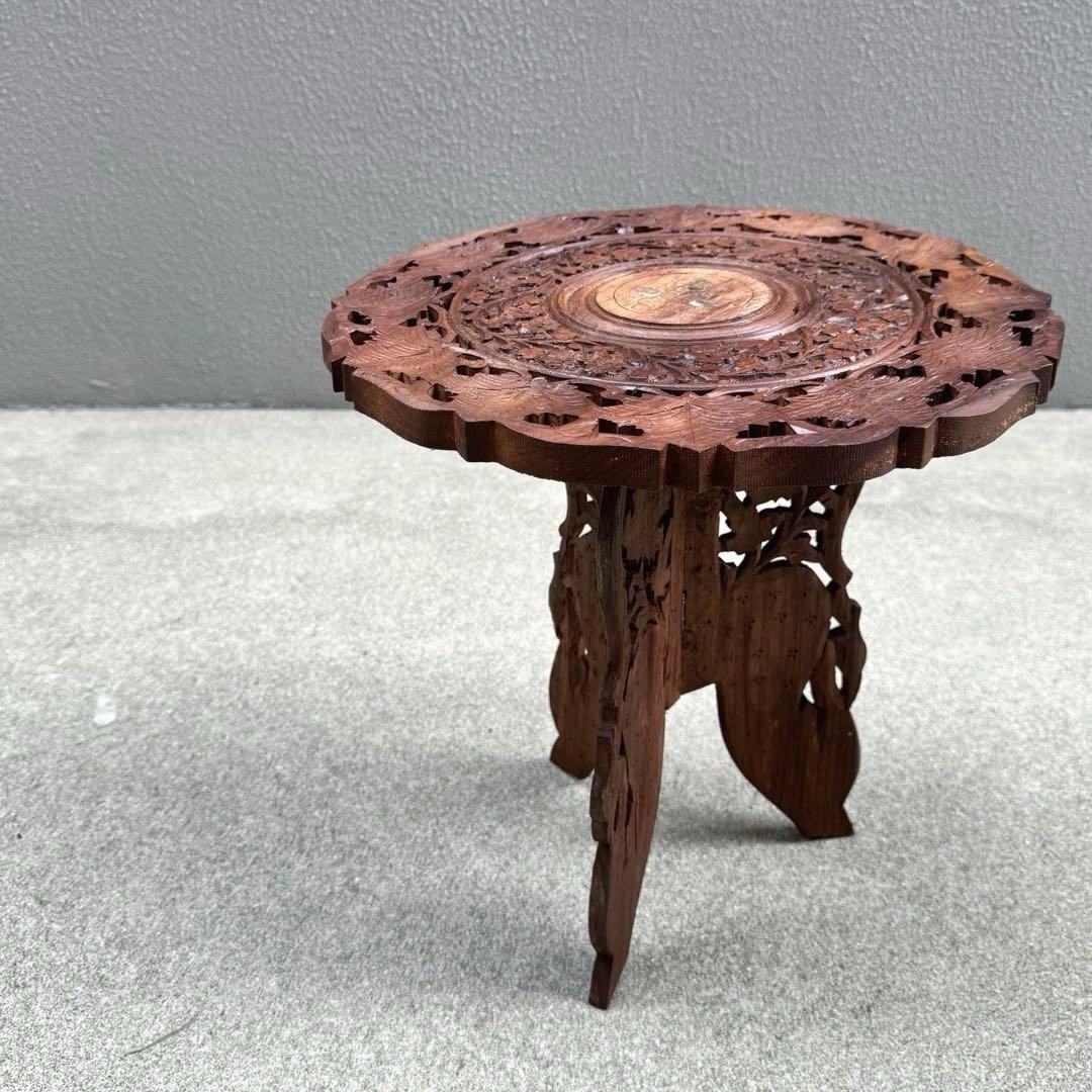 アンティーク 木製テーブル シーシャムウッド サイドテーブル ラウンド 彫刻