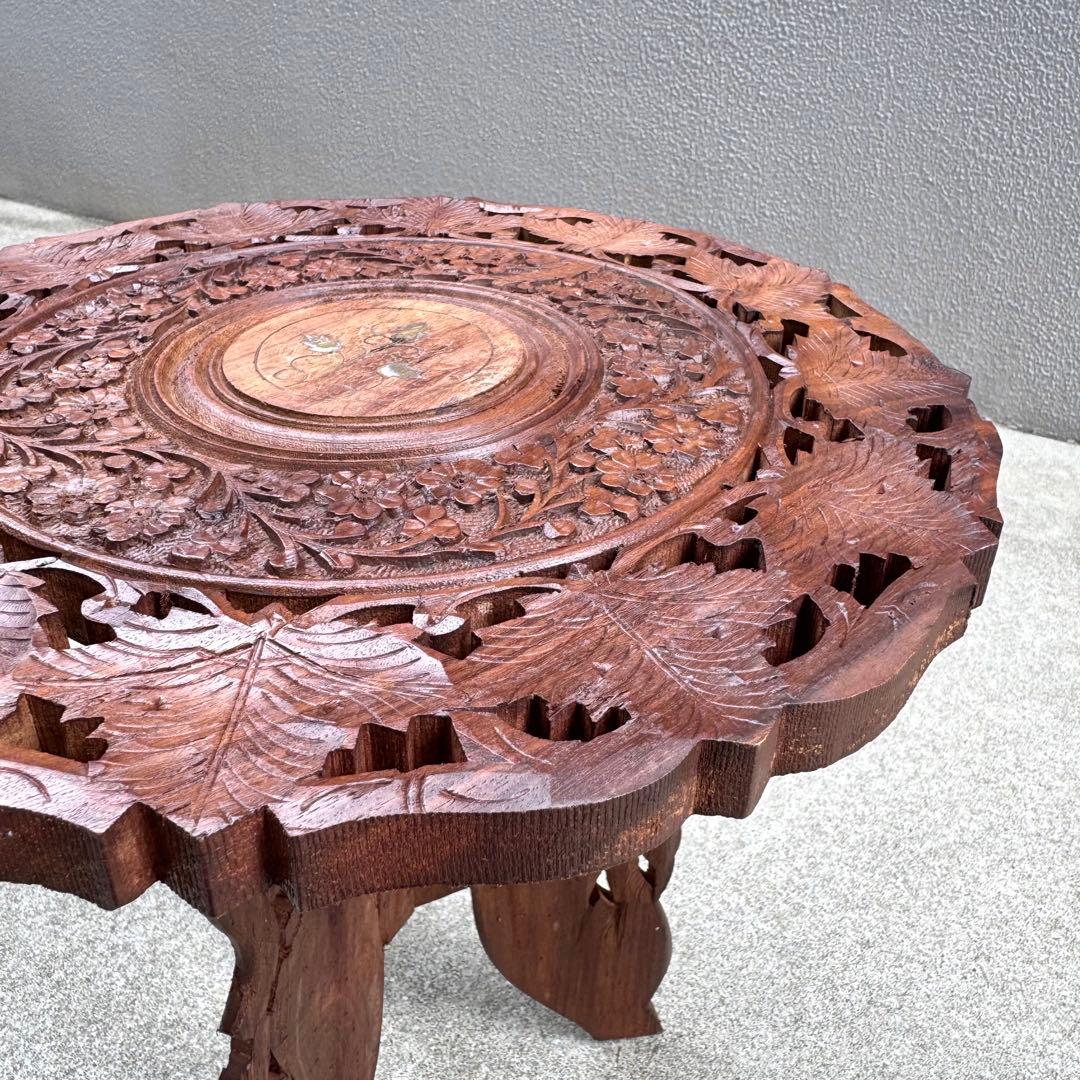 アンティーク 木製テーブル シーシャムウッド サイドテーブル ラウンド 彫刻