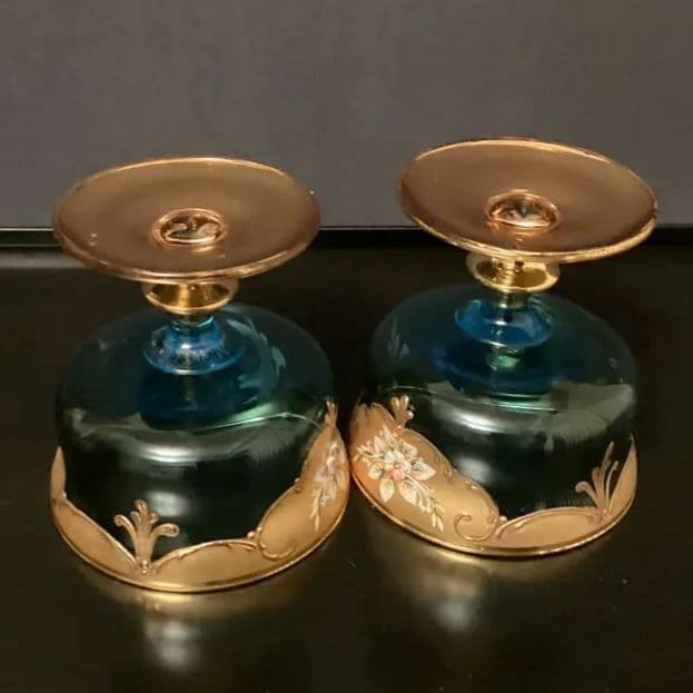 ベネチアングラス　金色とブルーのエレガントなデザインの手描き花柄グラス　⑤⑥