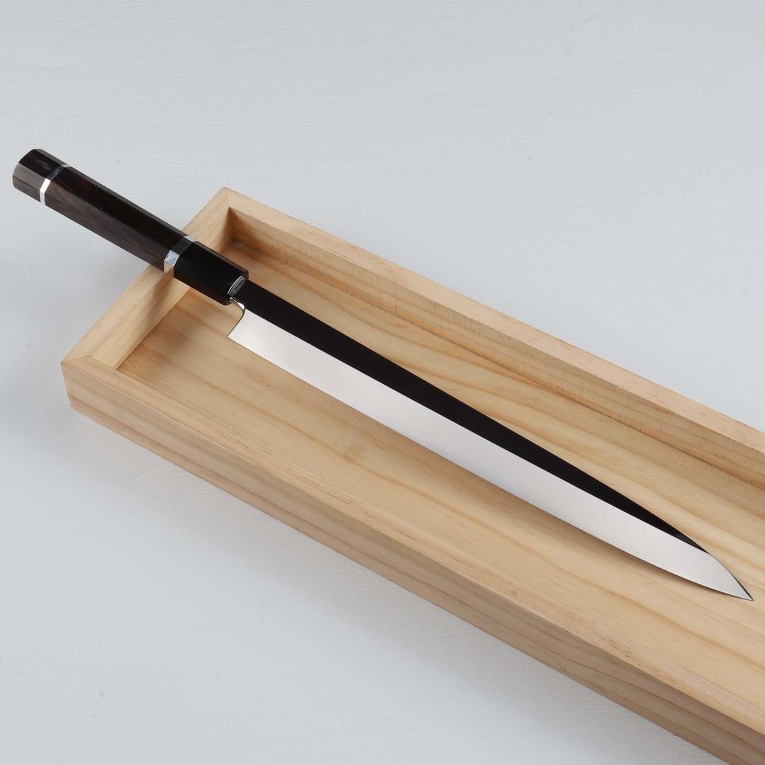 7349柳刃包丁 尺寸 ウルトラ鏡面仕上げ 刺身包丁 黒檀黒水牛角二本銀巻八角柄