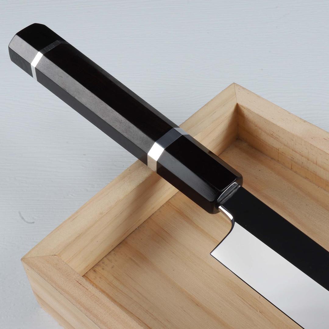 7349柳刃包丁 尺寸 ウルトラ鏡面仕上げ 刺身包丁 黒檀黒水牛角二本銀巻八角柄