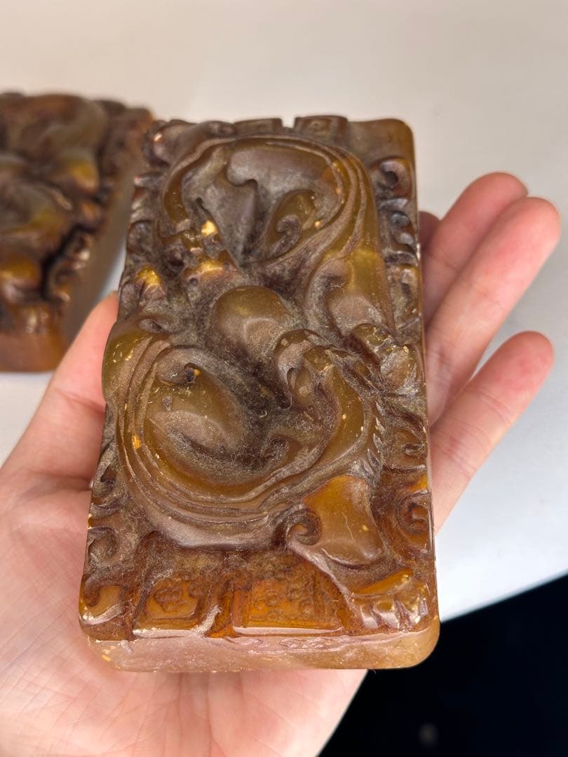 AC田黄石寿山石 龍紋彫刻 印章 大サイズ 二点セット 中国古美術 时代物