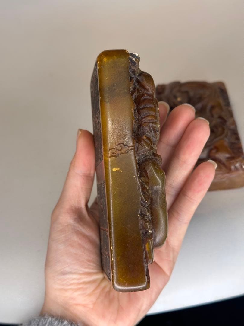 AC田黄石寿山石 龍紋彫刻 印章 大サイズ 二点セット 中国古美術 时代物