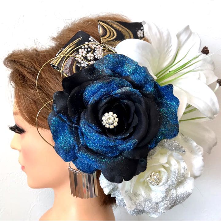ブルーラメ　和装髪飾り　成人式髪飾り　着物髪飾り　振袖髪飾り　結婚式髪飾り