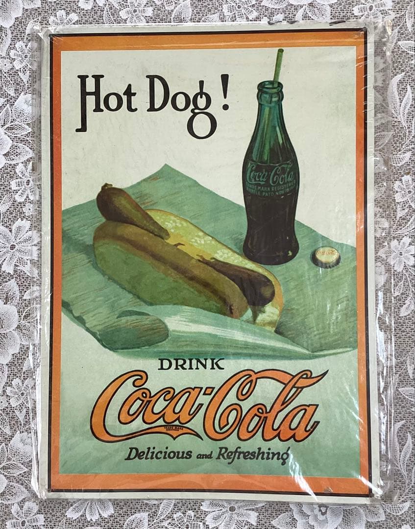 ブリキ看板　コカ・コーラとホットドックのビンテージアート