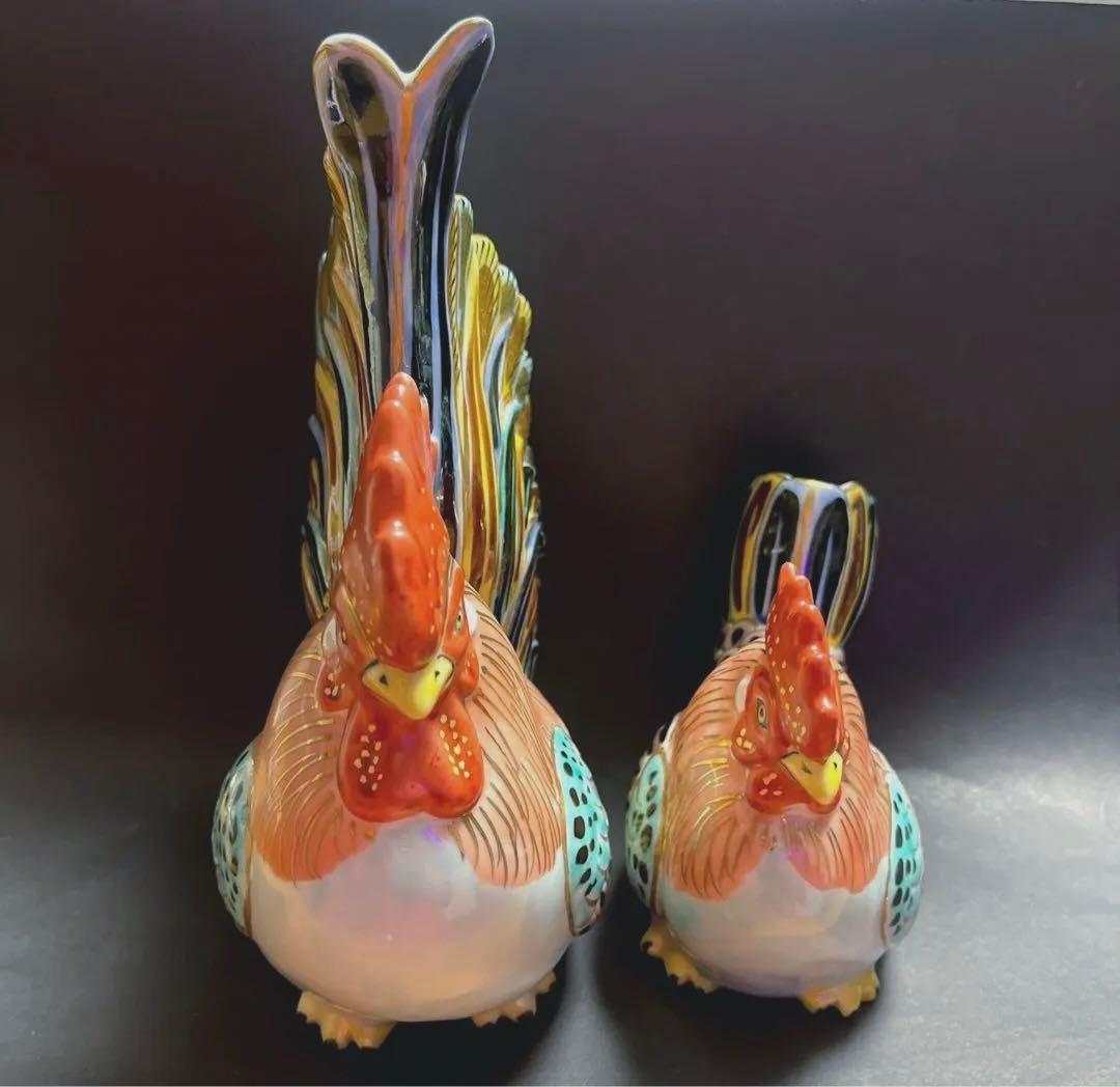 九谷焼　金彩　縁起干支　丁酉　鶏　夫婦　置物