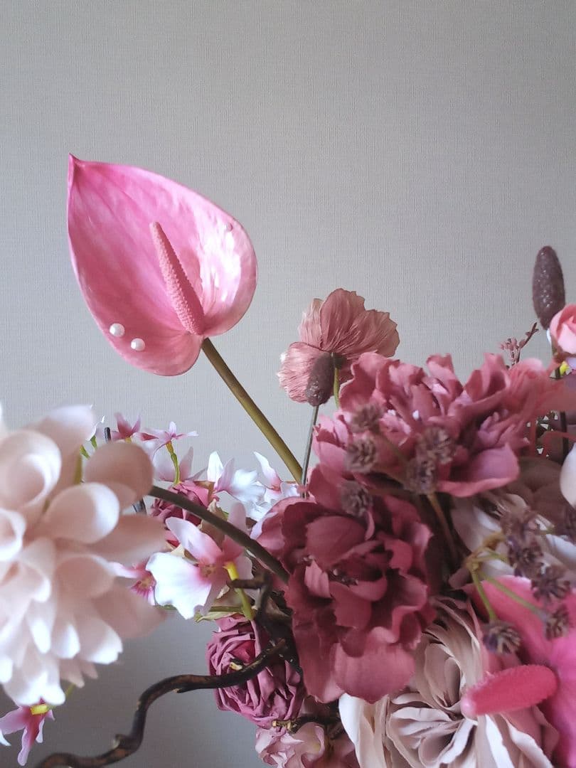 ボルドー　ピンク　アンスリウム　アマランサス　ウェディングブーケ　造花　結婚式