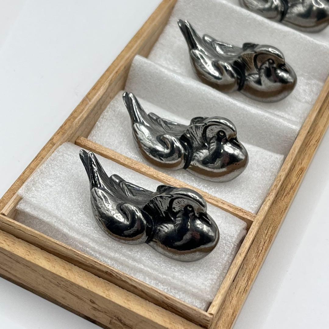 鴛鴦 錫製箸置 本錫 刻印有 箸置き　5客 オシドリ アンティーク 置物